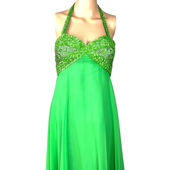 Vintage 1970's Mike Benet Formals Green Halter Beaded Evening Gown Size 7 - Picture 7 of 12